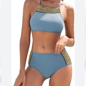 ZAFUL Glitter Trim Blue High Waisted High Neck Crisscross Bikini Size M